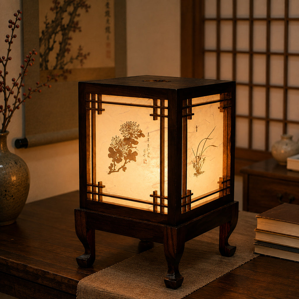 Carved Wood Art Deco Korean Bedside Lamp - Brown Square Bedroom Light