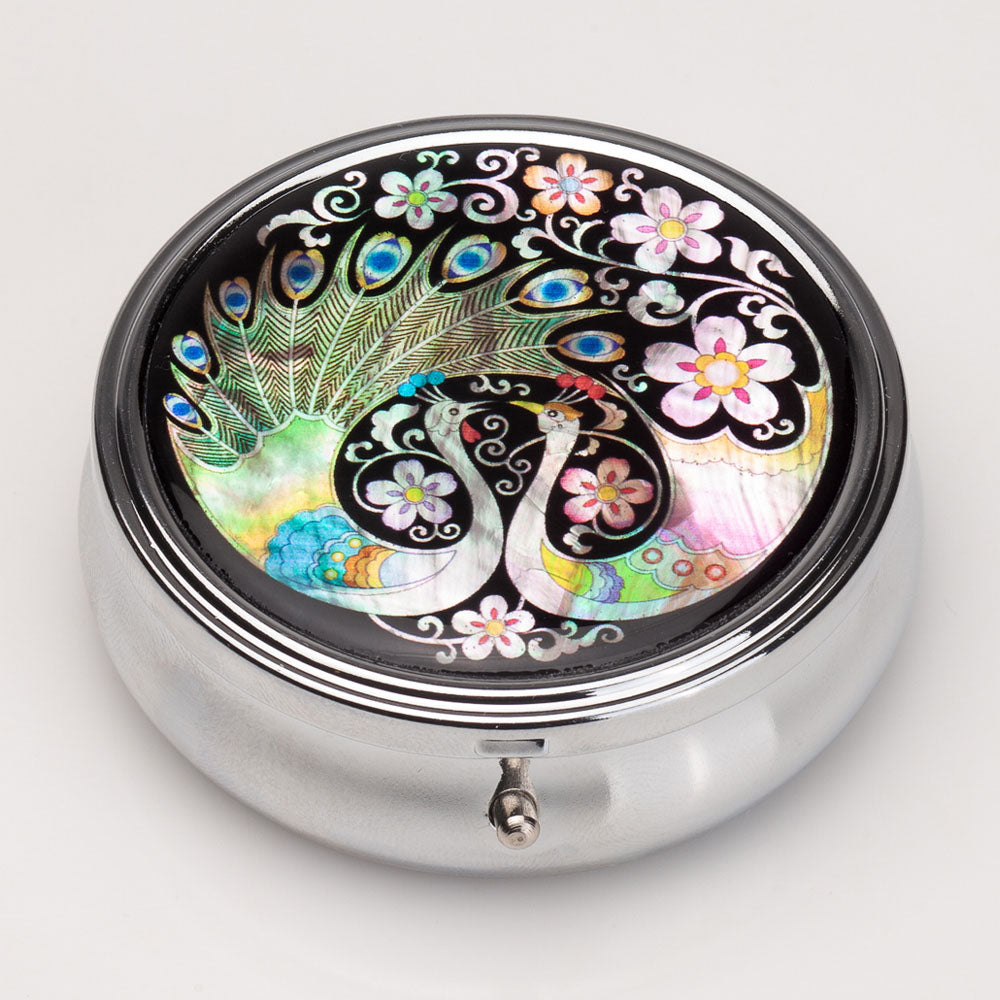 Mother of Pearl Peacock Pill Box - 3 Compartment Portable Round Vitamin Case