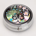 Mother of Pearl Peacock Pill Box - 3 Compartment Portable Round Vitamin Case