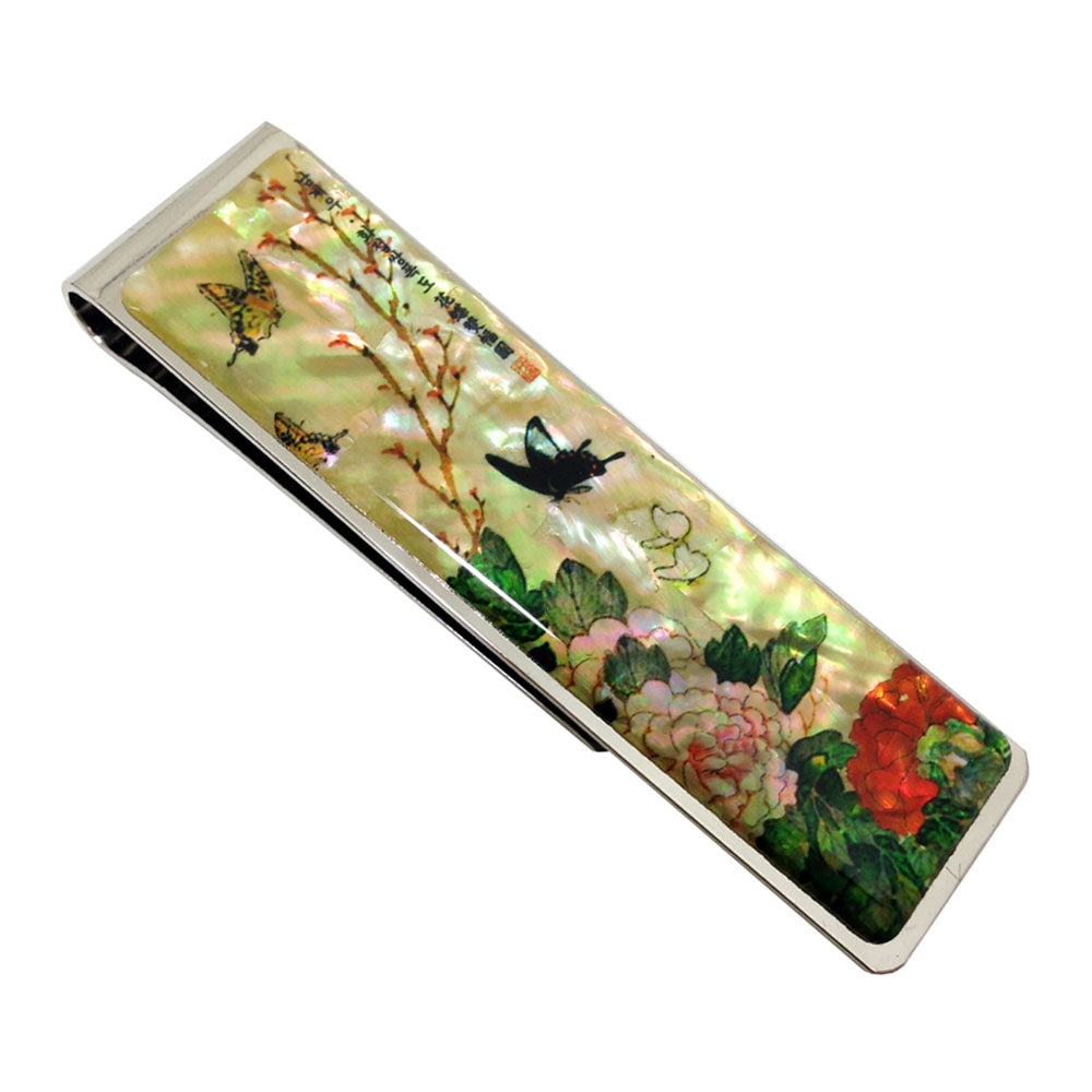 Mother of Pearl Money Clip - Peony Flower & Butterfly Wealth Symbol Design