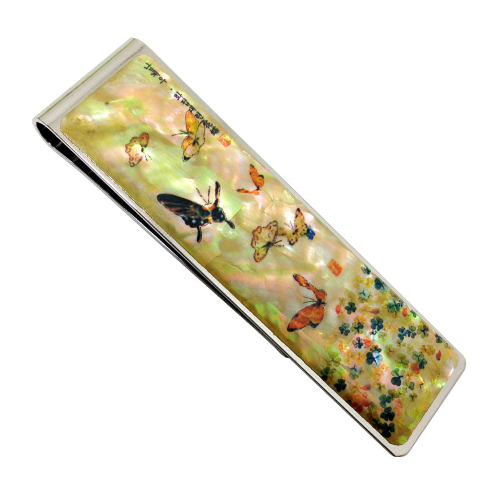 Mother of Pearl Money Clip - Colorful Clover & Butterfly Lucky Cash Clamp