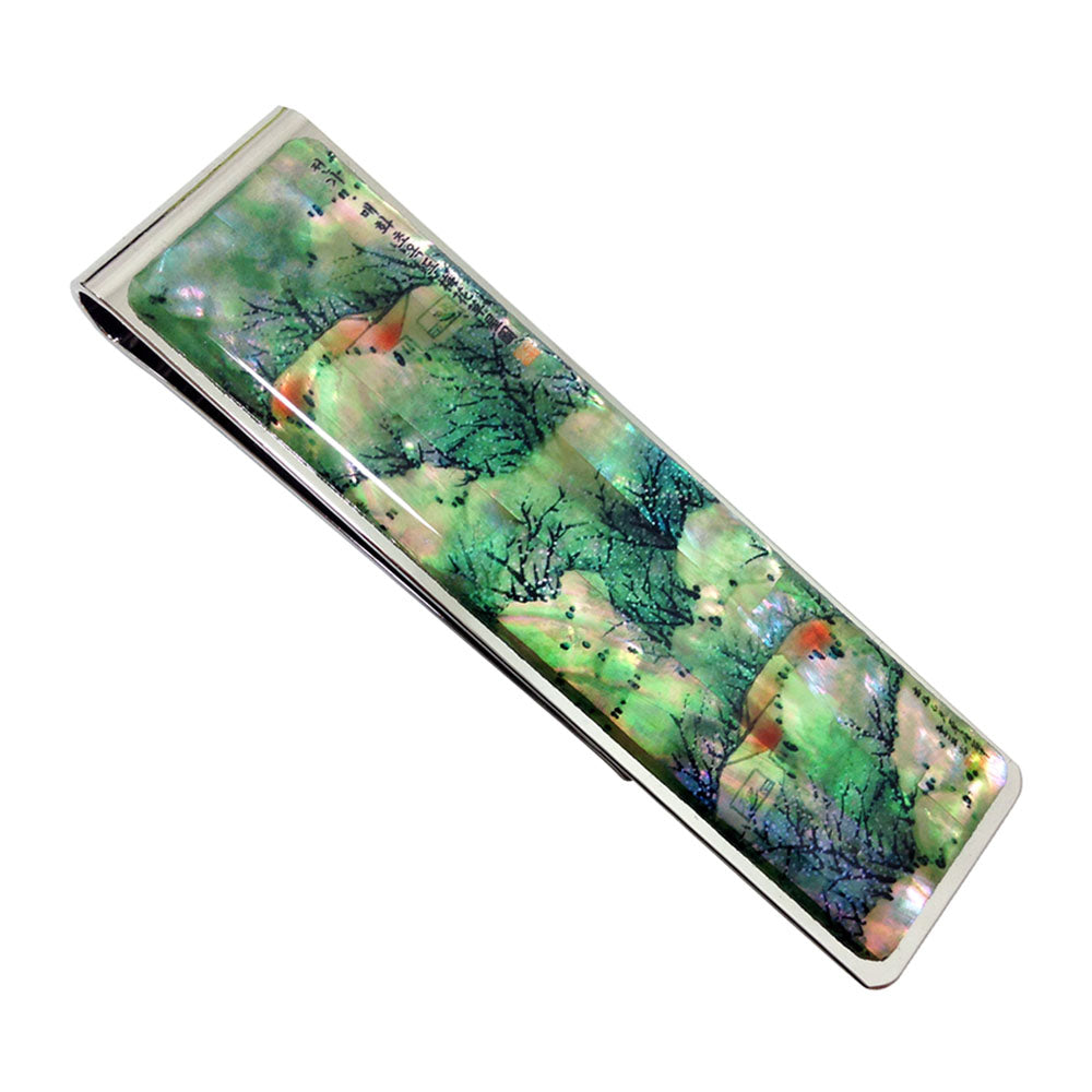 Mother of Pearl Money Clip with Apricot Flower and House Design
