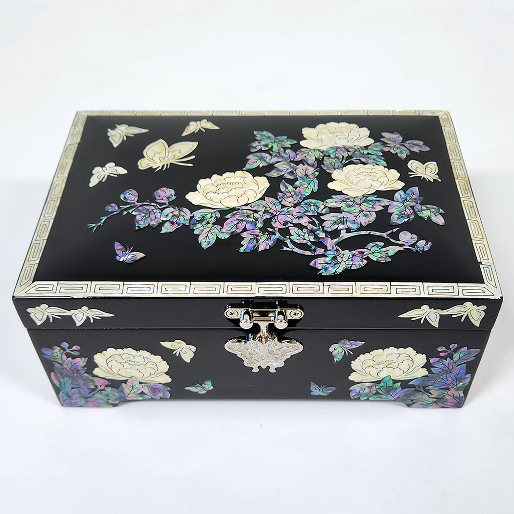 Mother of Pearl Black Flower Wood Jewelry Box - Keepsake Ring Earring Case