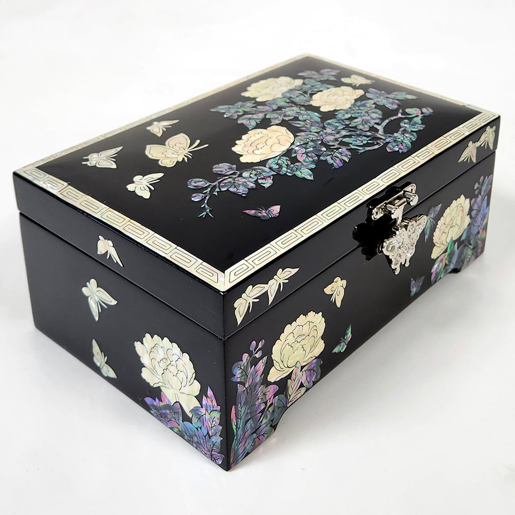 Mother of Pearl Black Flower Wood Jewelry Box - Keepsake Ring Earring Case
