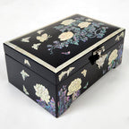 Mother of Pearl Black Flower Wood Jewelry Box - Keepsake Ring Earring Case