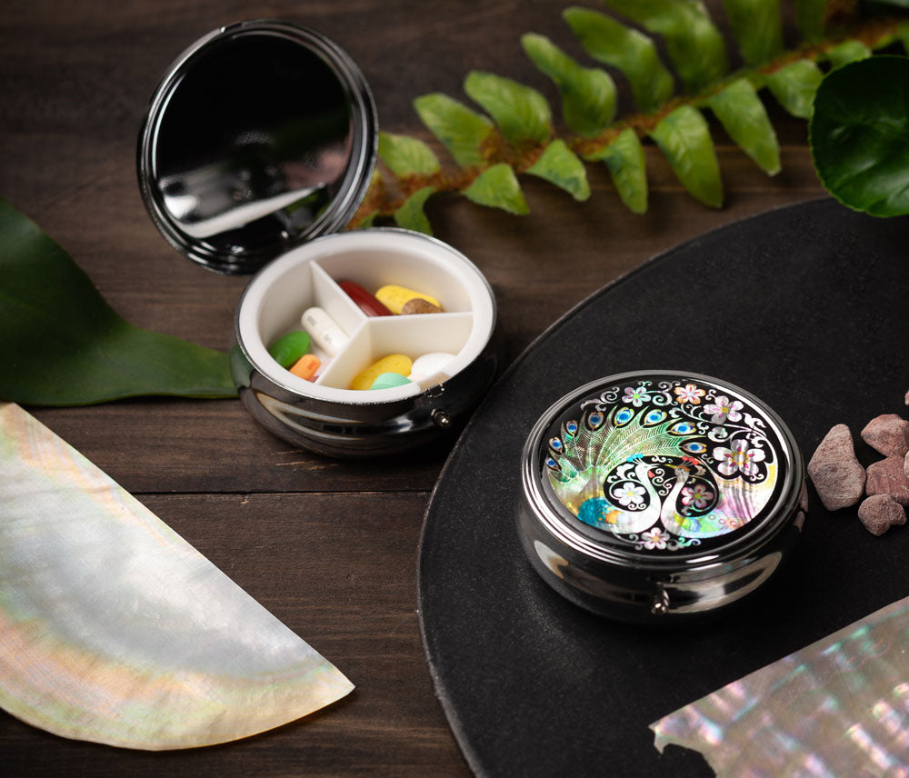 Mother of Pearl Peacock Pill Box - 3 Compartment Portable Round Vitamin Case