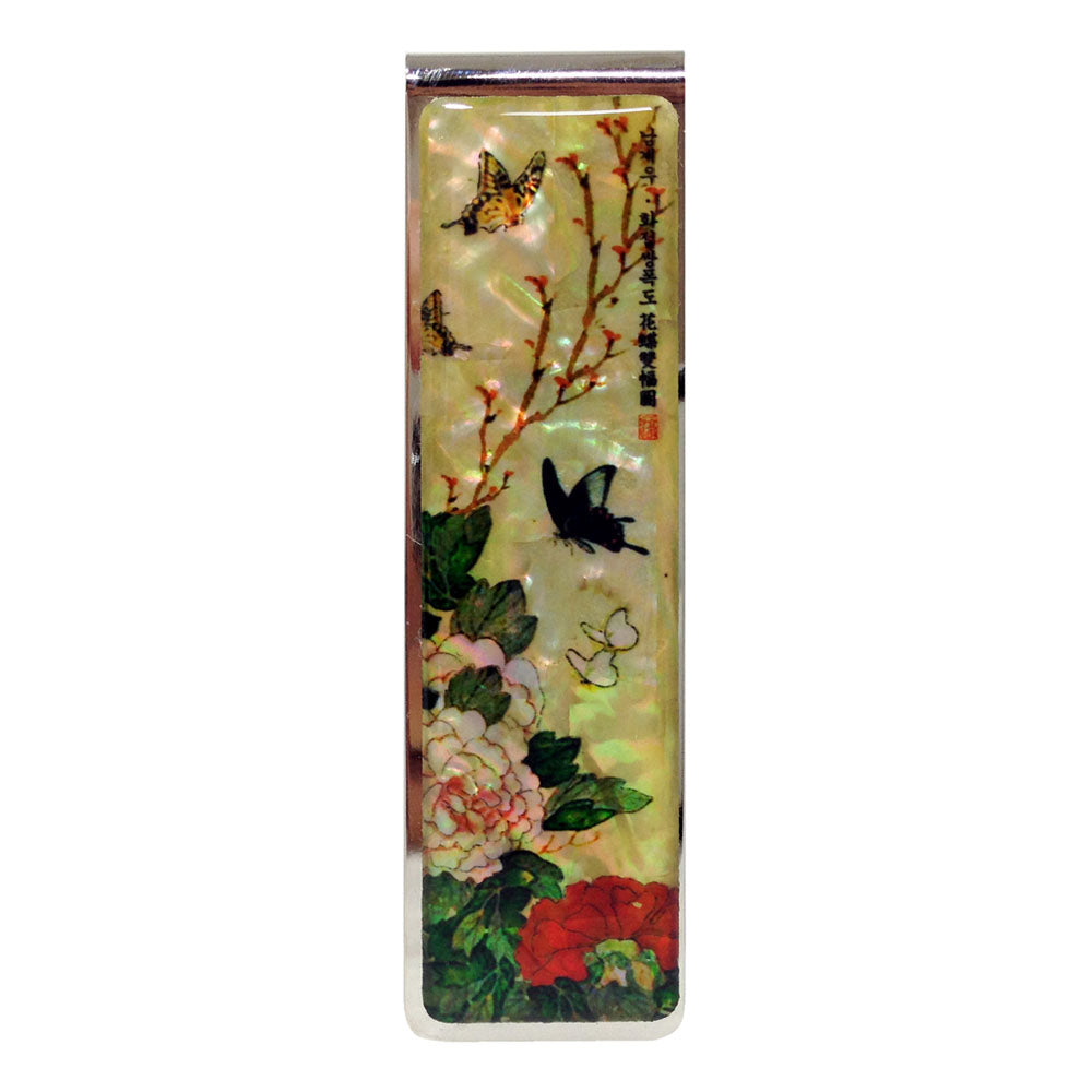 Mother of Pearl Money Clip - Peony Flower & Butterfly Wealth Symbol Design