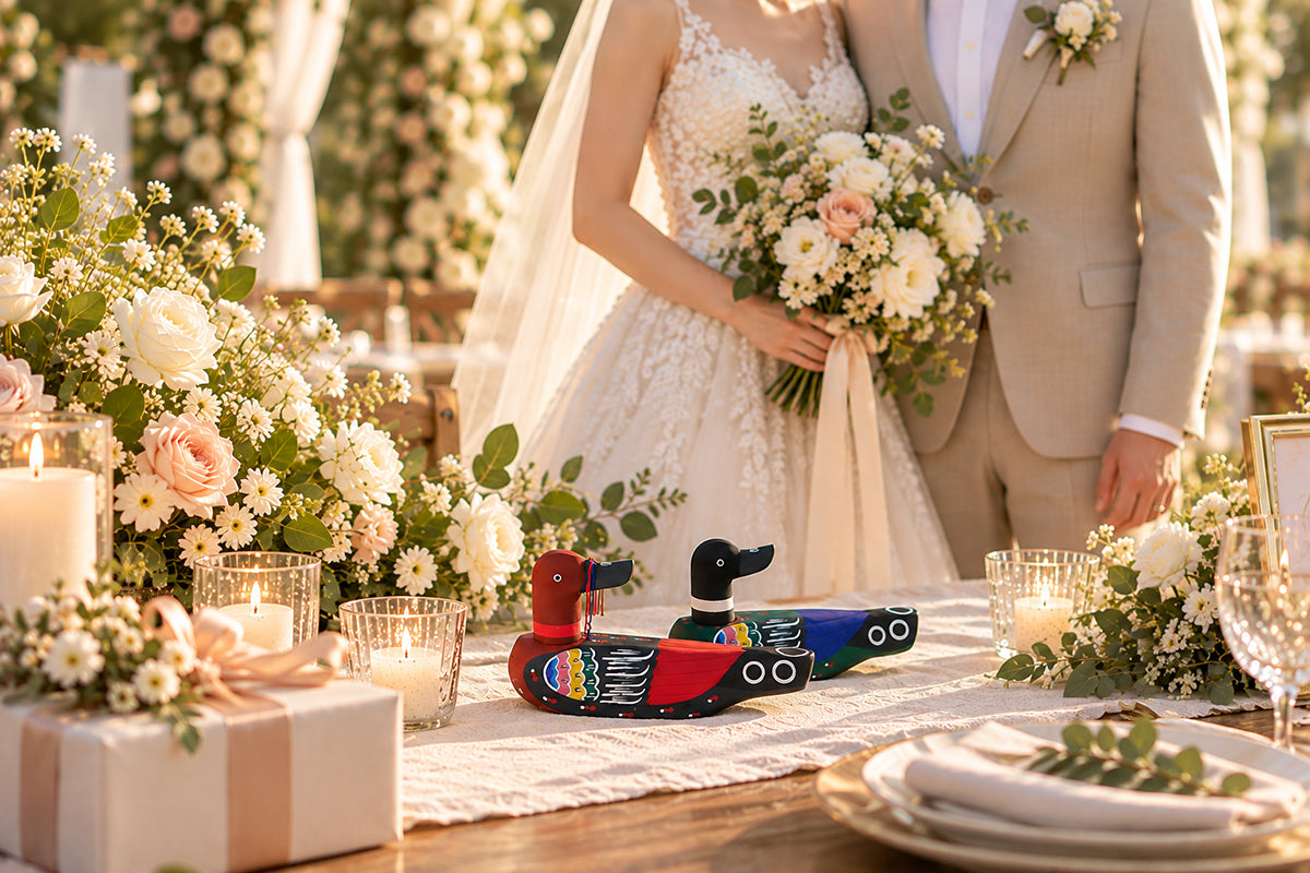 Gansos nupciales coreanos de madera tallada - Figura decorativa para el hogar de pareja de aves coloridas
