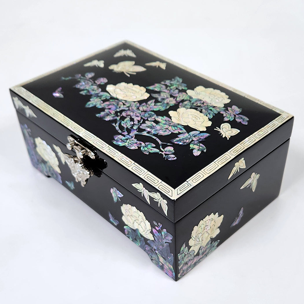 Mother of Pearl Black Flower Wood Jewelry Box - Keepsake Ring Earring Case