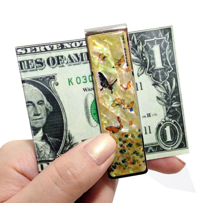 Mother of Pearl Money Clip - Colorful Clover & Butterfly Lucky Cash Clamp