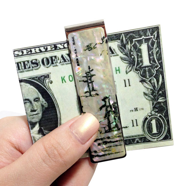 Mother of Pearl Money Clip - Sehando Winter Pine Tree Masterpiece Painting