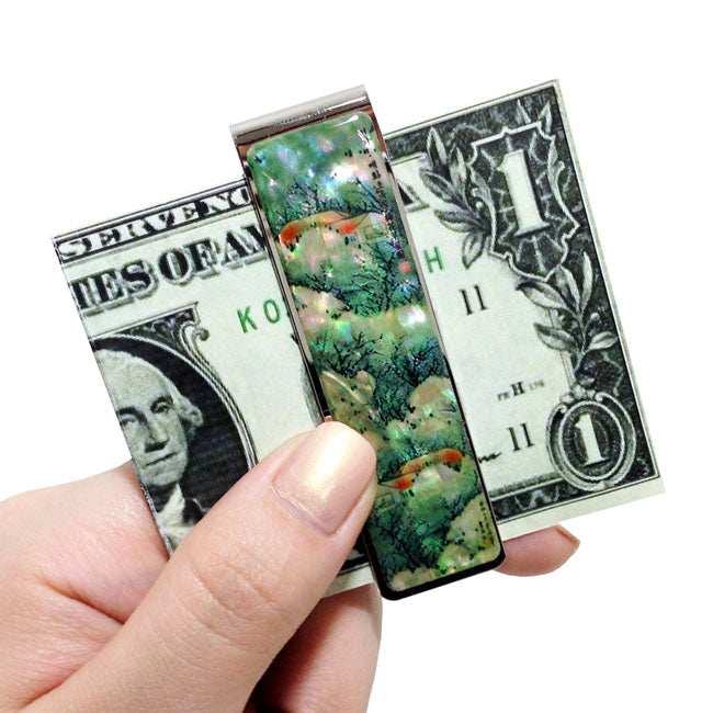 Mother of Pearl Money Clip with Apricot Flower and House Design