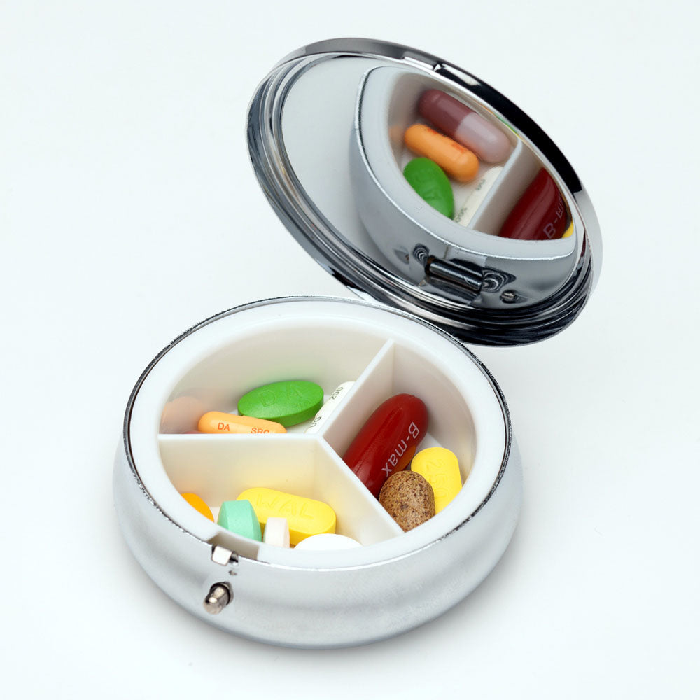 Mother of Pearl Long Life Emblems Pill Box - 3 Compartment Portable Round Vitamin Case