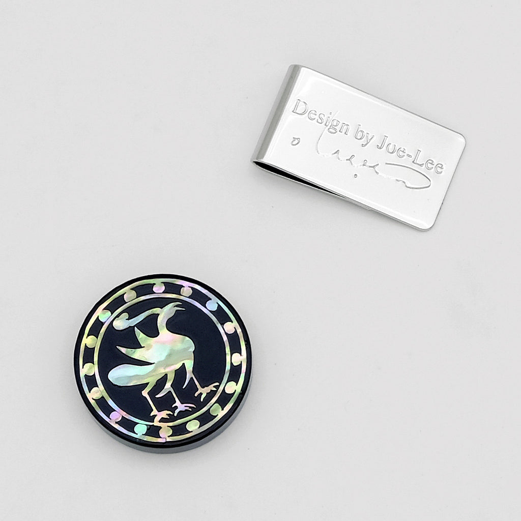 Mother of Pearl Golf Ball Marker Hat Clip Set with Three-legged Crow Design