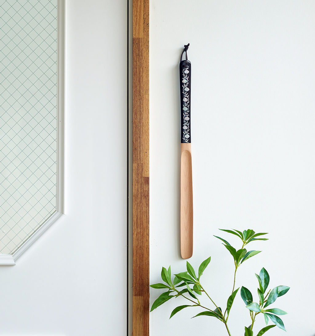 Mother of Pearl Peony Flower Long Wood Shoehorn - Handcrafted Shoe Horn with Leather Strap