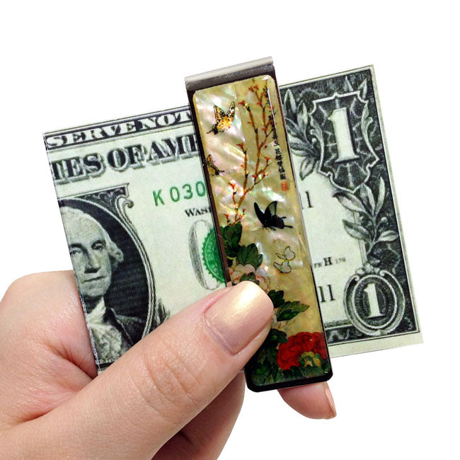 Mother of Pearl Money Clip - Peony Flower & Butterfly Wealth Symbol Design