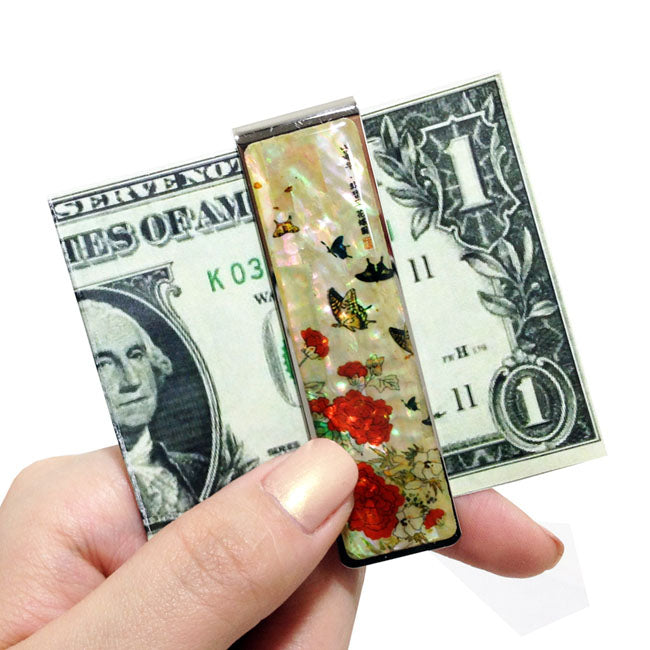 Mother of Pearl Red Money Clip - Peony Flower & Butterfly Wealth Symbol Design