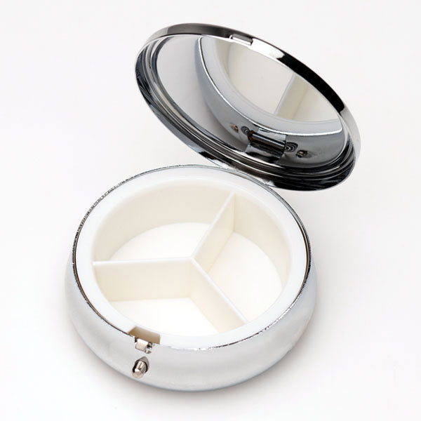 Mother of Pearl Long Life Emblems Pill Box - 3 Compartment Portable Round Vitamin Case