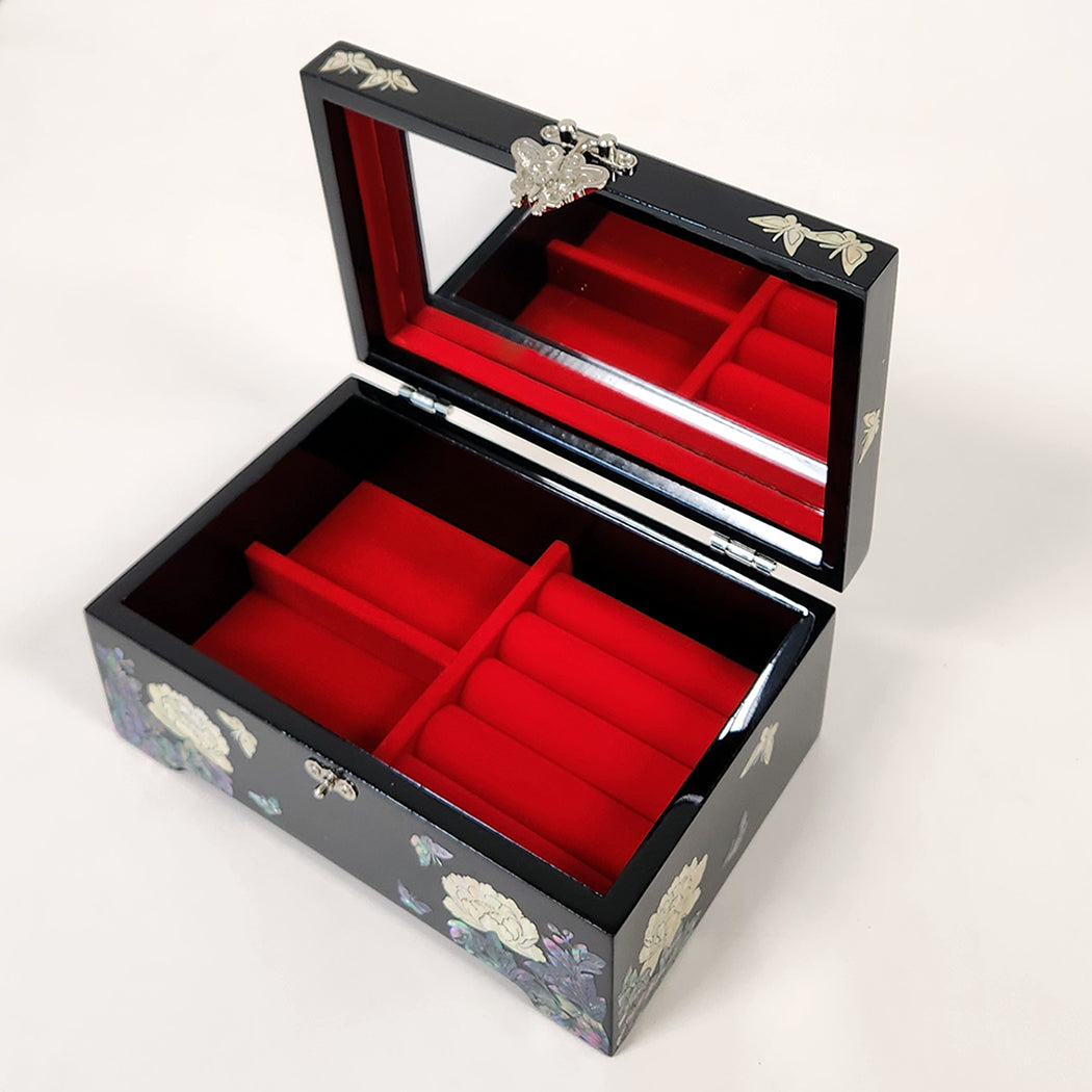 Mother of Pearl Black Flower Wood Jewelry Box - Keepsake Ring Earring Case