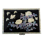 Mother of Pearl Black Flower Wood Jewelry Box - Keepsake Ring Earring Case