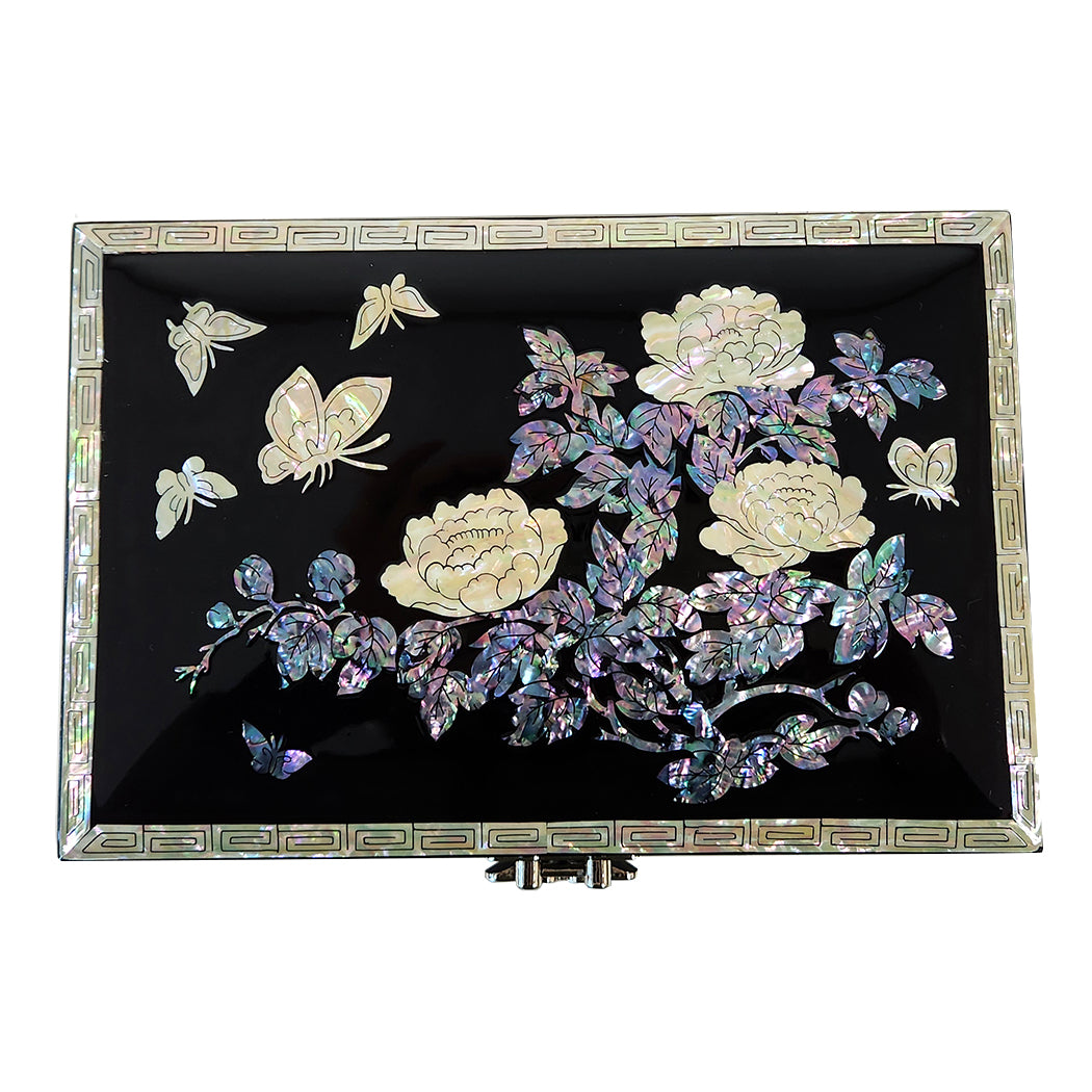 Mother of Pearl Black Flower Wood Jewelry Box - Keepsake Ring Earring Case