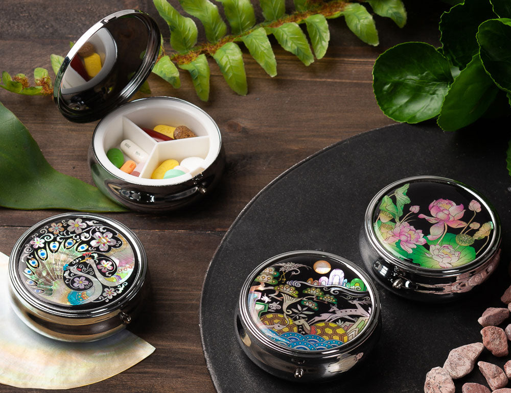 Mother of Pearl Long Life Emblems Pill Box - 3 Compartment Portable Round Vitamin Case