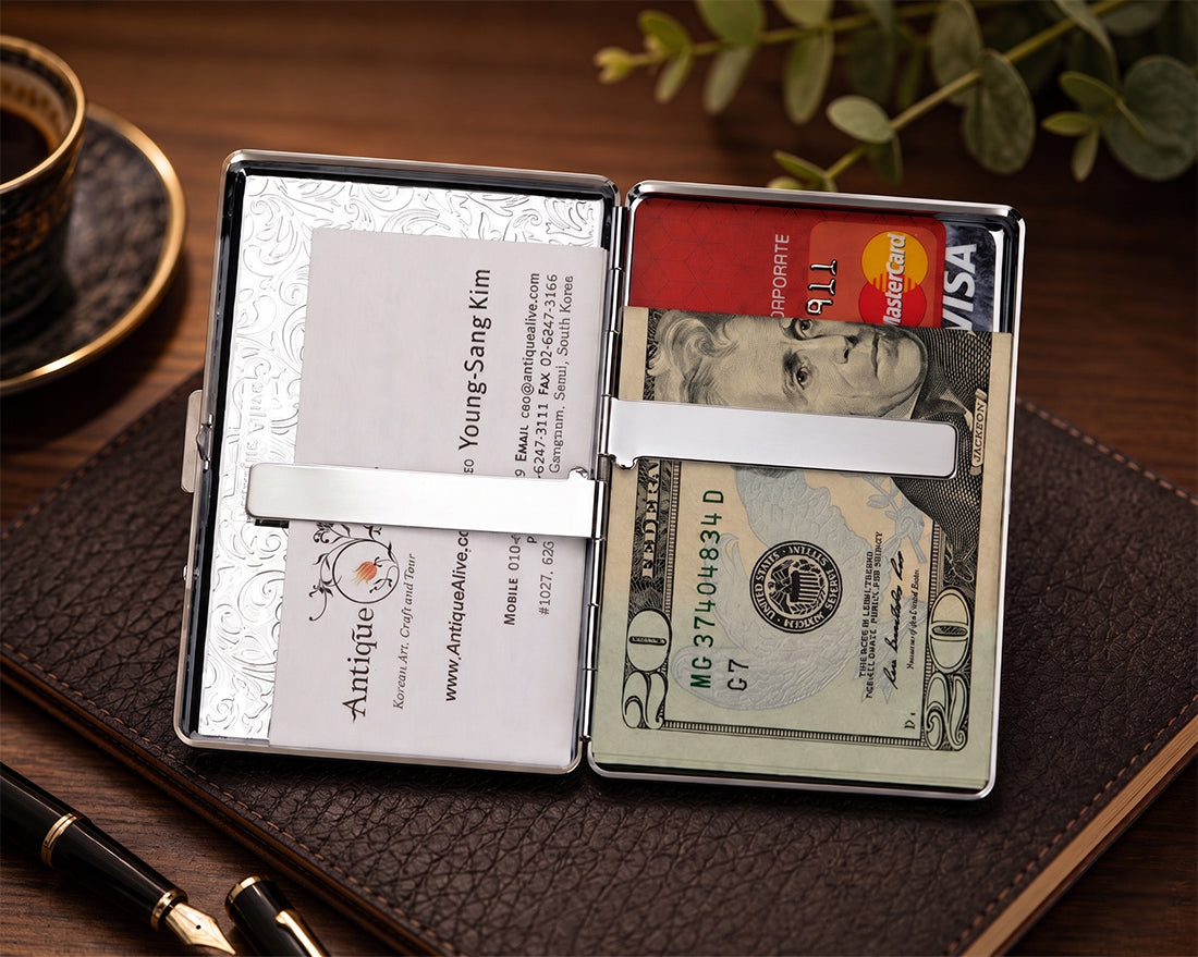 Mother of Pearl Fish & Lotus Cigarette Case for 100S King Size - Credit Card Cash Wallet