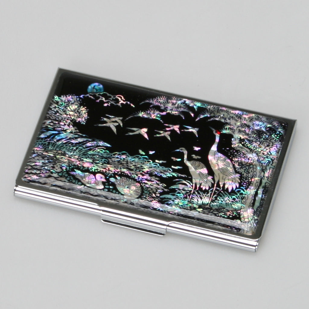 Mother of Pearl Business Card Case - Crane & Pine Tree Design Credit Card Holder