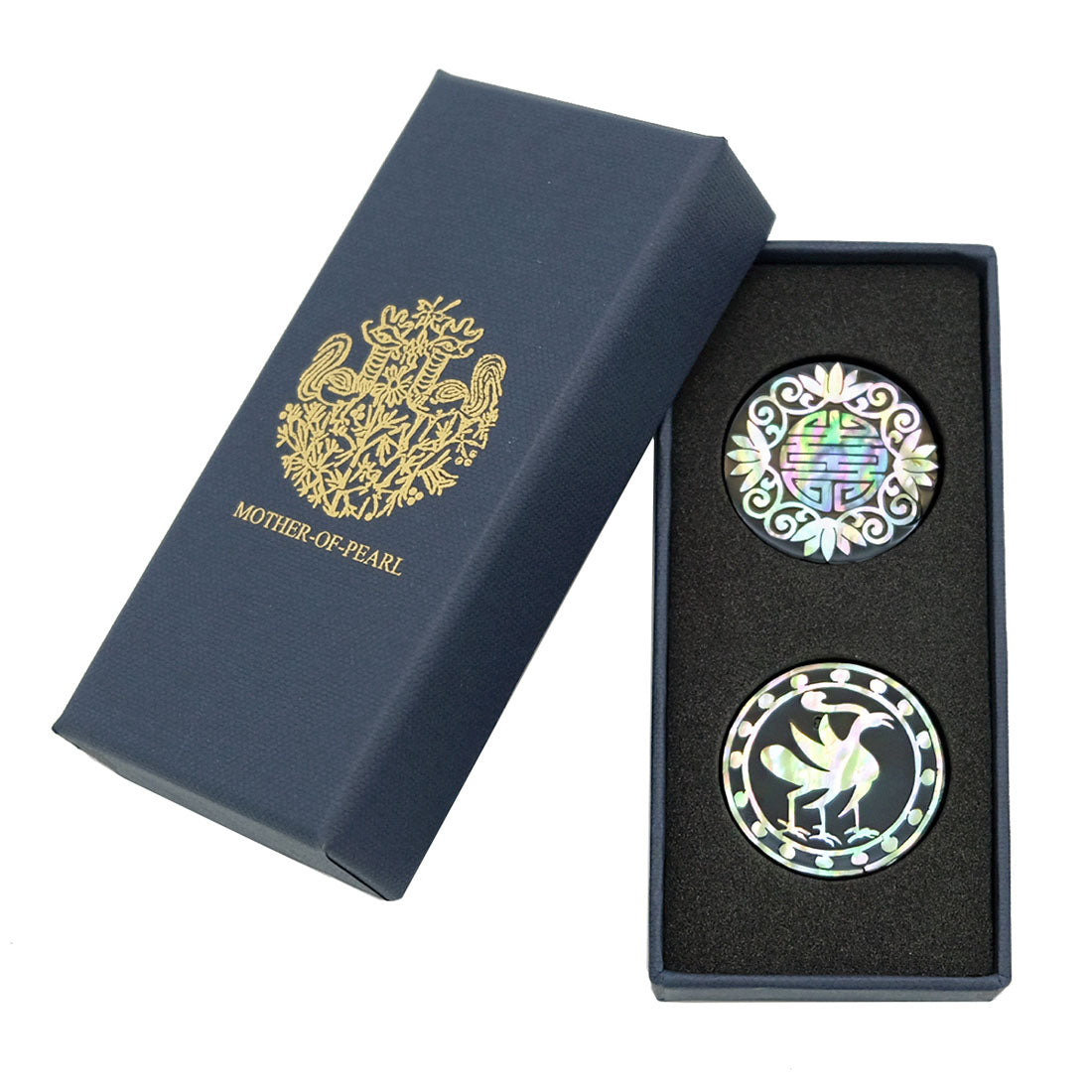 Mother of Pearl Set of 2 Black Golf Ball Marker with Arabesque and Three-legged Crow Design