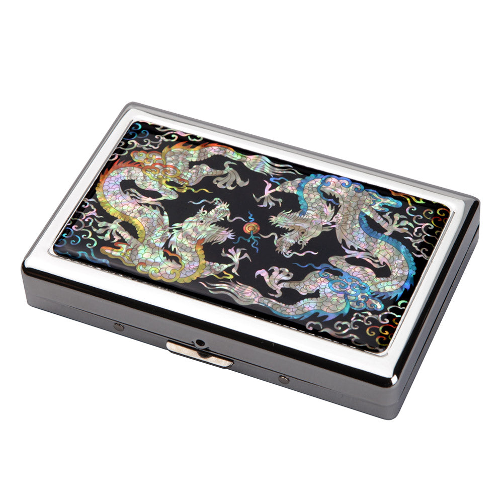 Mother of Pearl Yellow & Blue Dragon Cigarette Case for 100S King Size - Card Cash Wallet