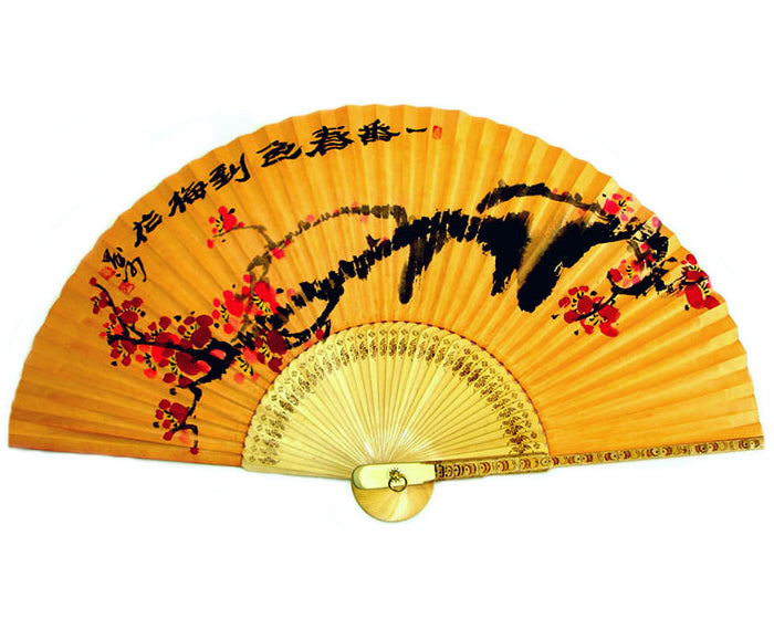 Premium Hand Painted Red Apricot Flower Folding Fan - Yellow Soil Dyed Paper Painting Home Deco