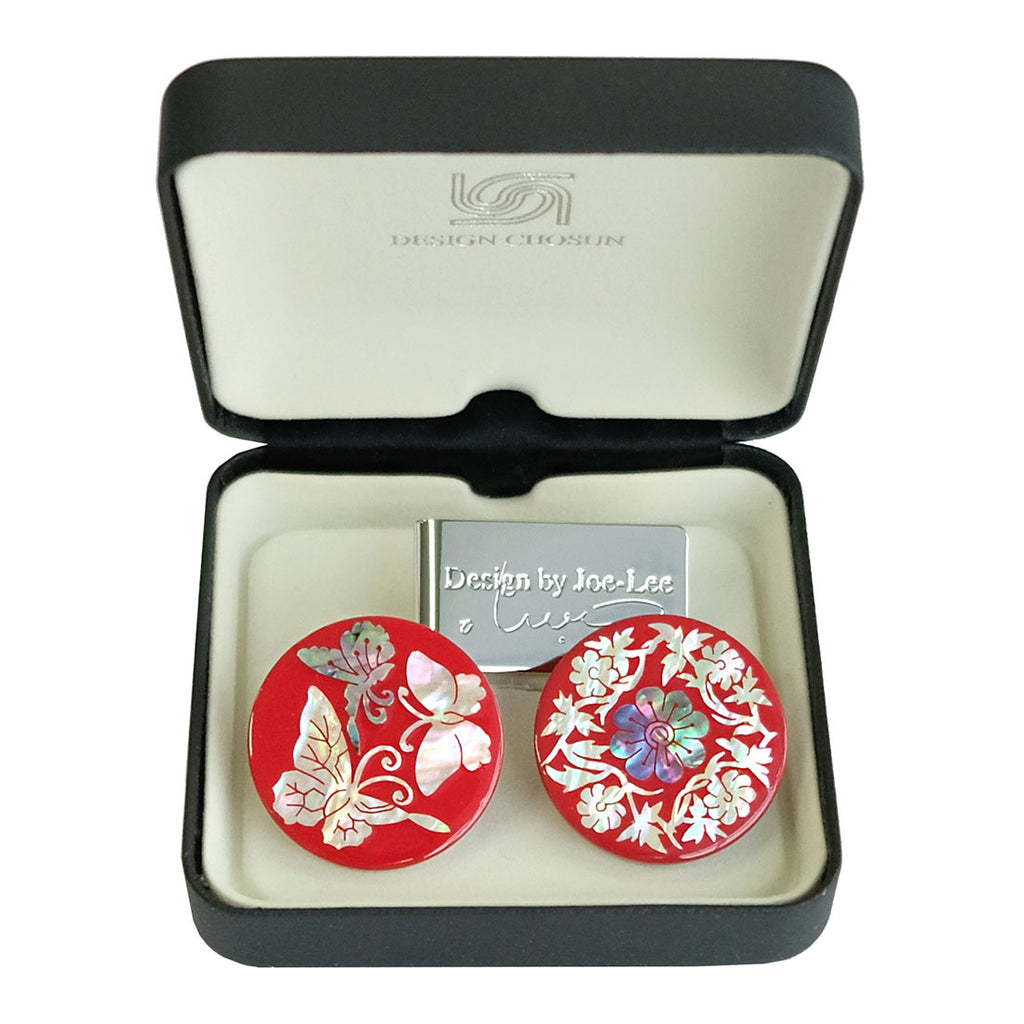 Mother of Pearl Set of 2 Red Golf Ball Marker Hat Clip Gift Set with Butterfly and Chrysanthemum Design