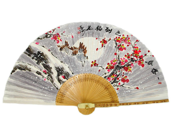 Premium Hand Painted Apricot Flower under Snow Folding Fan - White Paper Bamboo Wood Wall Deco