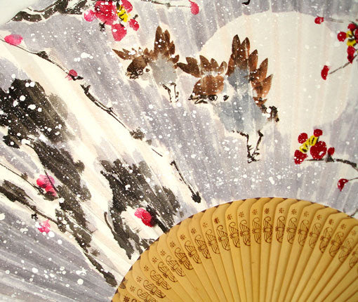 Premium Hand Painted Apricot Flower under Snow Folding Fan - White Paper Bamboo Wood Wall Deco