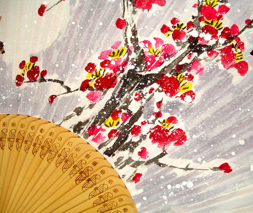 Premium Hand Painted Apricot Flower under Snow Folding Fan - White Paper Bamboo Wood Wall Deco