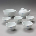 Korean 5-Person White Porcelain Tea Set - Blue Rainbow Pink Flower Painting