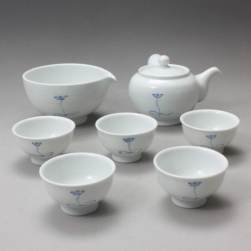Korean 5-Person White Porcelain Tea Set - Blue Rainbow Pink Flower Painting