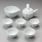 Korean 5-Person White Porcelain Tea Set - Blue Rainbow Pink Flower Painting