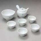 Korean 5-Person White Porcelain Tea Set - Blue Rainbow Pink Flower Painting