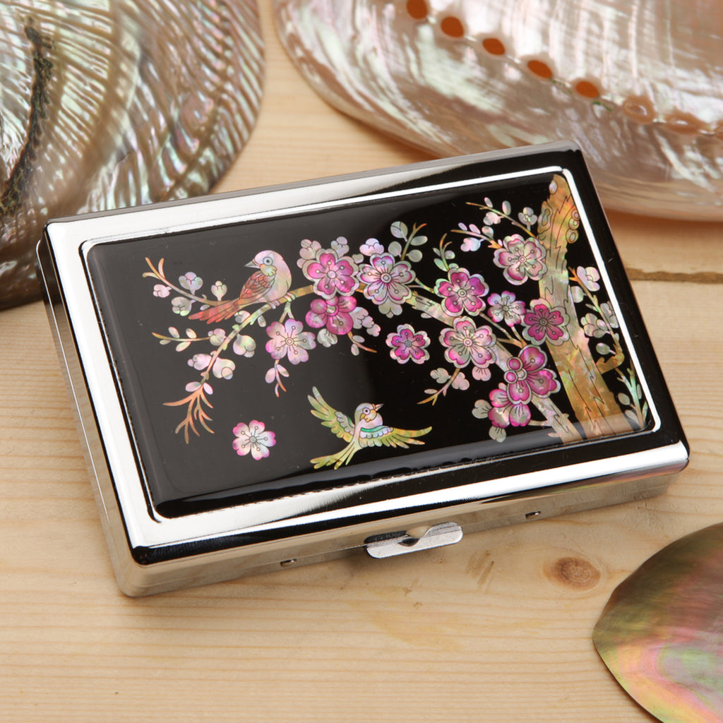 Mother of Pearl Flower & Bird Cigarette Case for 100S King Size - Credit Card Cash Wallet