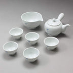 Korean 5-Person White Porcelain Tea Set - Blue Rainbow Pink Flower Painting
