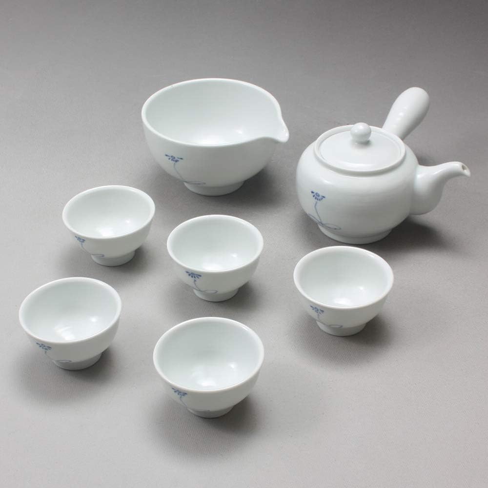 Korean 5-Person White Porcelain Tea Set - Blue Rainbow Pink Flower Painting