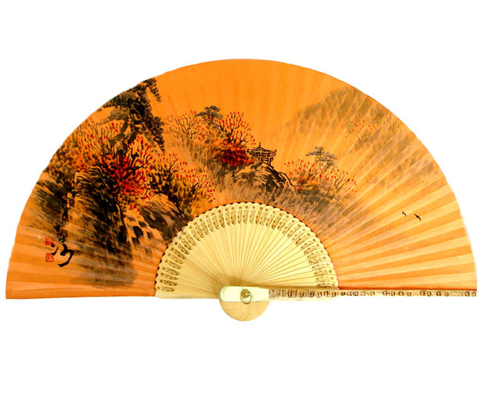 Premium Hand Painted Fall Scene Folding Fan - Yellow Soil Dyed Paper Painting Home Deco