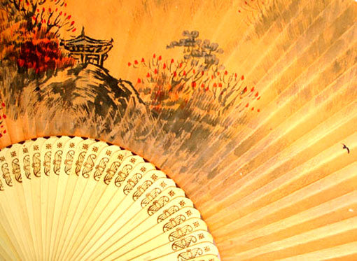 Premium Hand Painted Fall Scene Folding Fan - Yellow Soil Dyed Paper Painting Home Deco