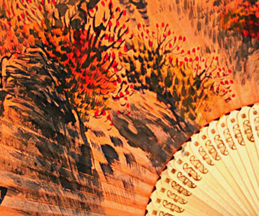 Premium Hand Painted Fall Scene Folding Fan - Yellow Soil Dyed Paper Painting Home Deco