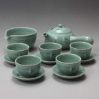 Korean 5-Person Celadon Porcelain Tea Set with Saucers - Inlaid Crane & Cloud