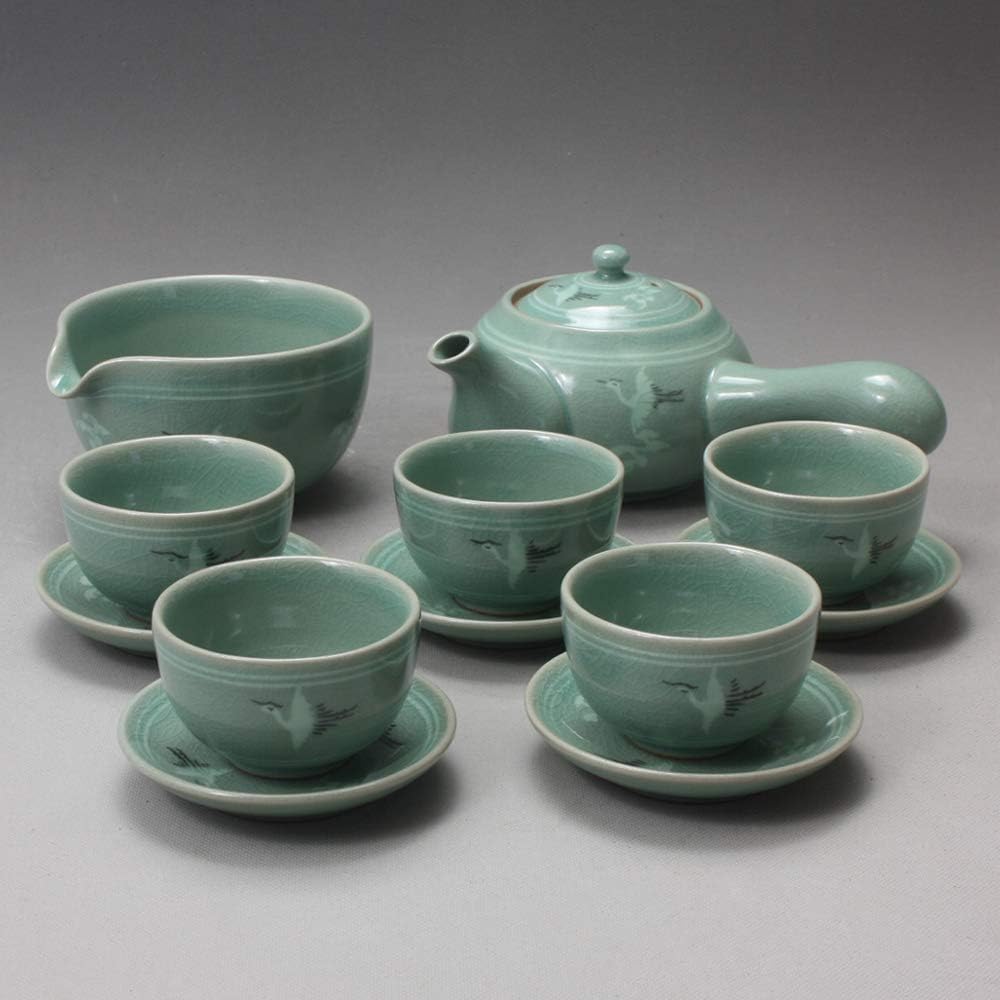 Korean 5-Person Celadon Porcelain Tea Set with Saucers - Inlaid Crane & Cloud