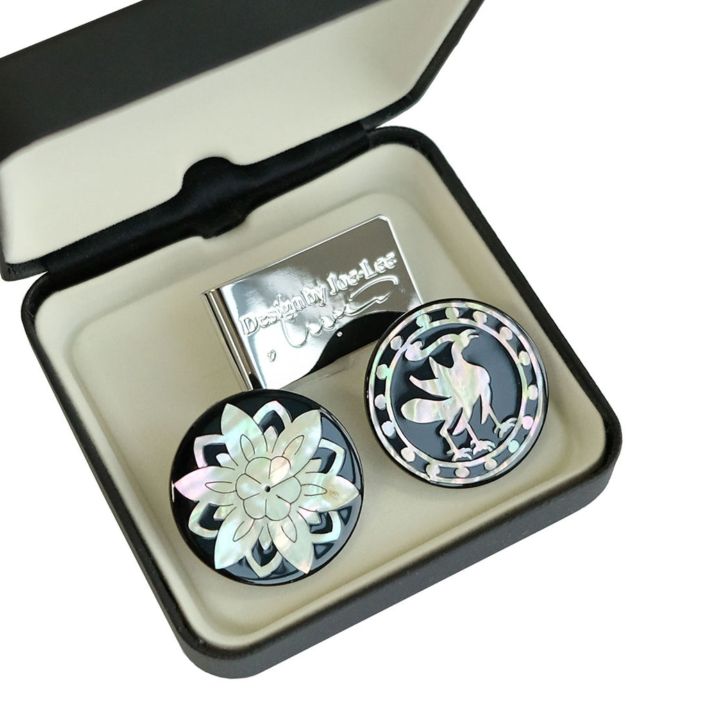 Mother of Pearl Set of 2 Golf Ball Marker Hat Clip Gift Set with Lotus and Three-legged Crow Design