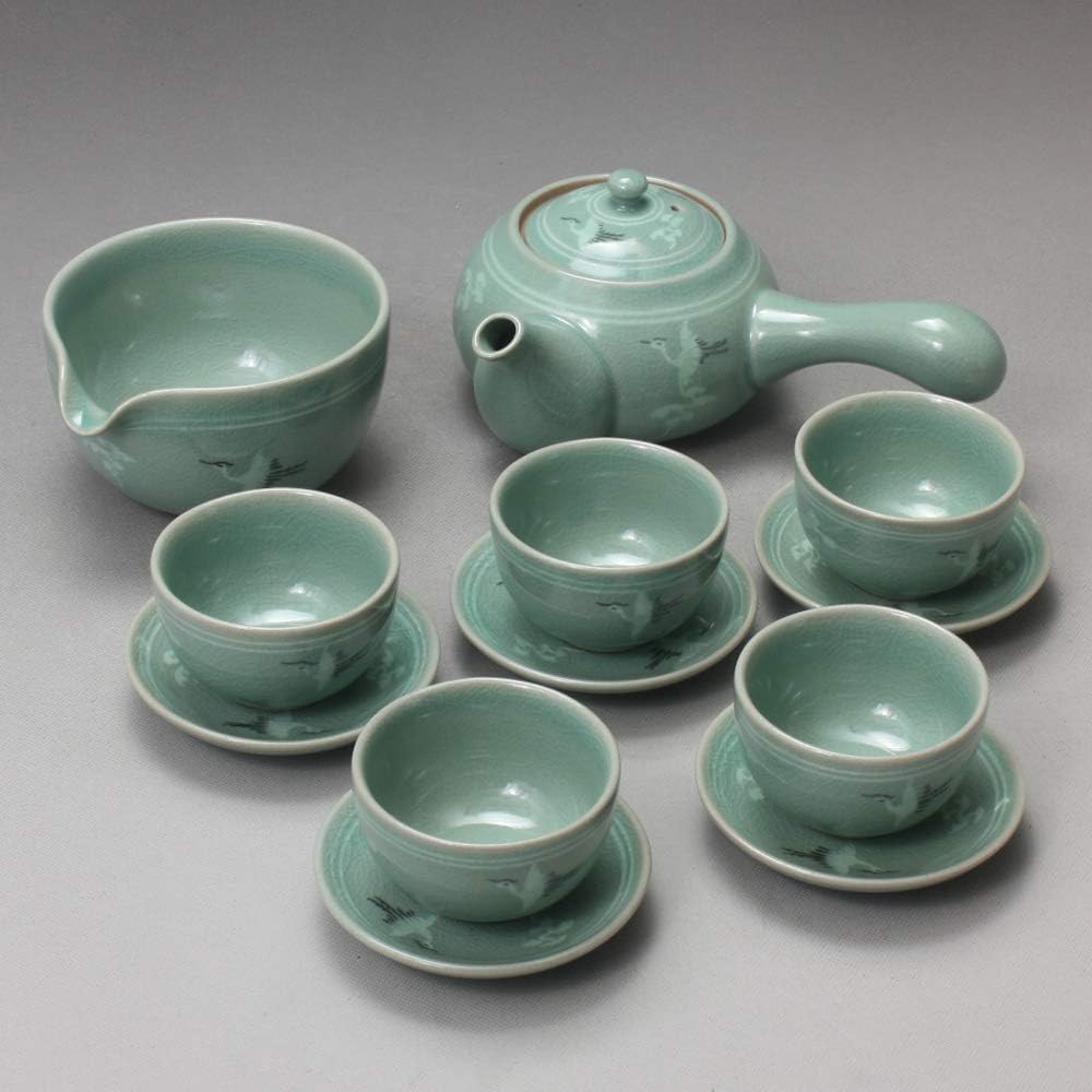 Korean 5-Person Celadon Porcelain Tea Set with Saucers - Inlaid Crane & Cloud