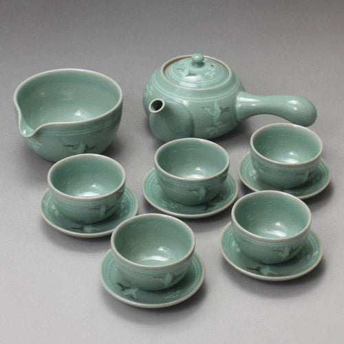 韓国 5人用 受け皿付き青磁茶器セット - 象嵌 鶴＆雲